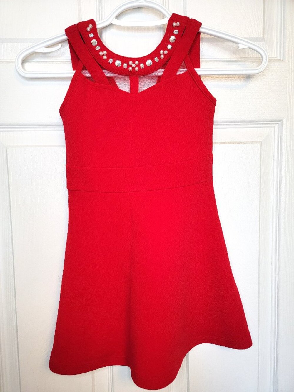 ⚡BOGO⚡ Red Jeweled Neck Stretch Jacquard Dress 4T